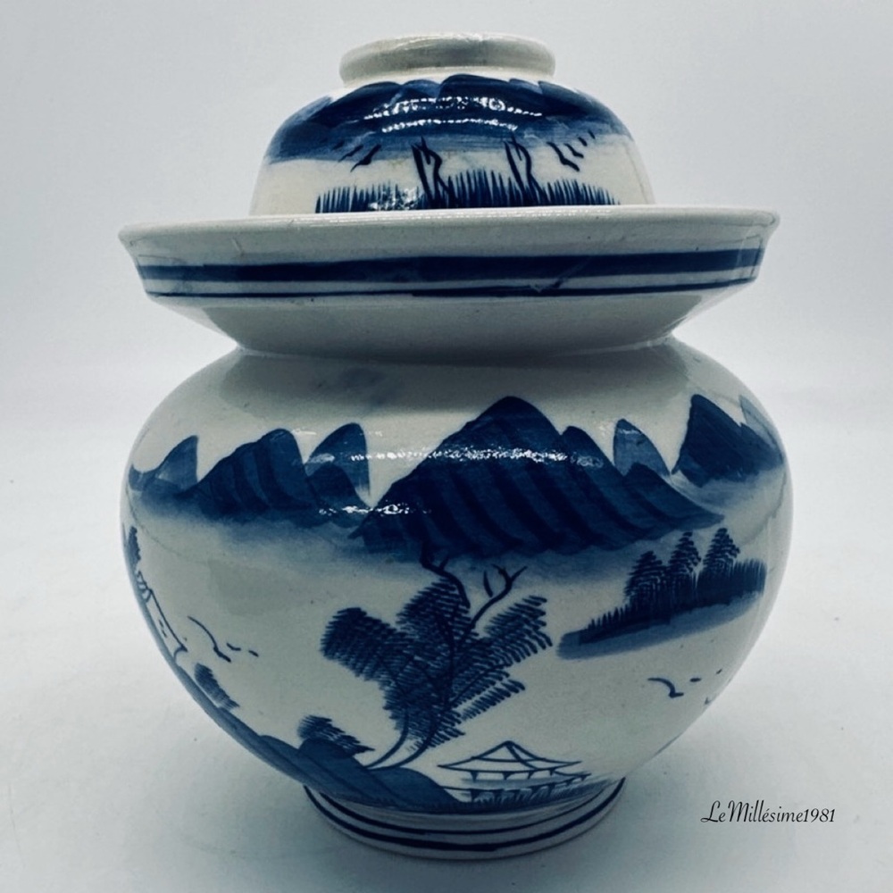 Vintage Blue & White Hand-Painted Lidded Ginger Jar with Landscape Motif